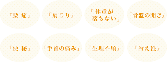 腰痛・肩こり・体重が落ちない・骨盤の開き・便秘・手首の痛み・生理不順・冷え性